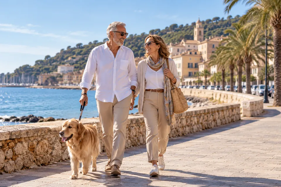 Pareja de personas mayores paseando con su perro junto al mar Mediterráneo